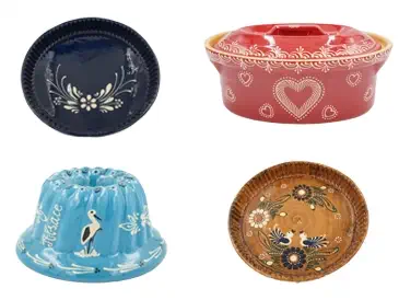 Poteries alsaciennes : plat à tarte, terrine à Baeckeoffe, moule à Kouglof